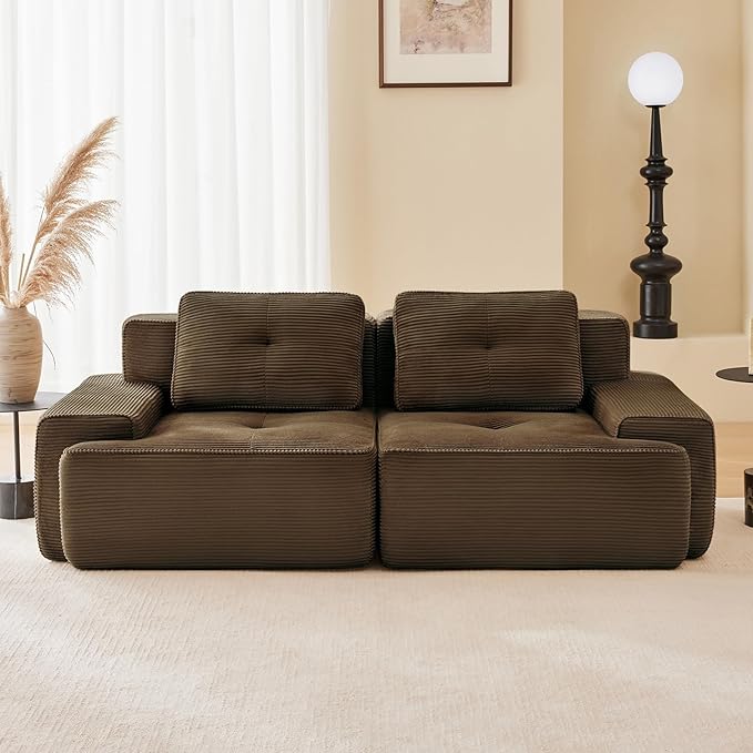 80" Modern Corduroy Boneless Love Seat Couches, 2 Seater Large Sectional Couches for Living Room, Brown Cloud Modular Sectional Sofa, Memory Foam, Extra Deep Loveseat, No Assembly