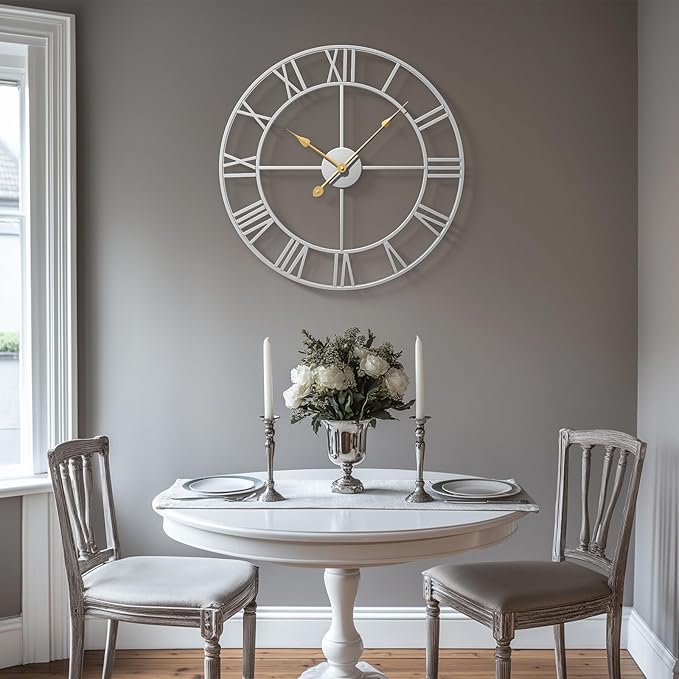 Cuspin Silver Wall Clock for Living Room Decor, 24 Inch Large Metal Wall Clock Modern Luxury Roman Numeral Analog Battery-Operated Round Decorative Clocks for Bedroom, Kitchen, Office