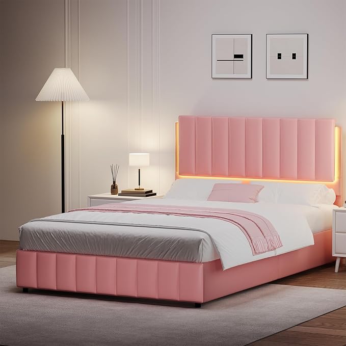 Full Size Bed Frame with LED Lights, Faux Leather Upholstered Platform Bed with Headboard and Wooden Slats Support, No Box Spring Needed, Noise-Free, Easy Assembly, Pink