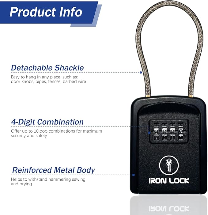 Iron Lock® Key Lock Box Portable with Cable Shackle – Small Waterproof Heavy-Duty Metal Safe with 4-Digit Combination for Spare Keys Outside on Door Knob, Fence, Pipe or Gate (Black, Small)