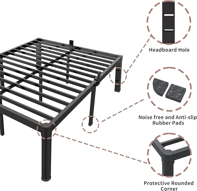 ROIL 16 Inch California King Bed Frame with Rounded Corner and Headboard Hole Mattress Retainers 3500LBS Metal Heavy Duty Steel Slats No Box Spring Needed Platform Noise-Free Easy Assembly
