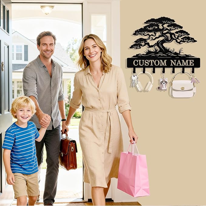 Personalized Key Holder Wall Mount, Custom Tree of Life Metal Keys Holder for Wall with Name, Wall Key Hanger Rack with Hooks for Entryway, Front Door, Living Room, Kitchen, Bathroom, Garden