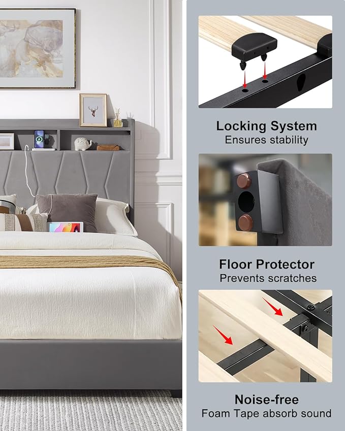 King Size Bed Frame, Velvet Upholstered LED Platform Bed with Headboard Storage, King Bed Frame Built-in Charging Station with 2 Drawers, Wood Slat Support, No Box Spring Needed, Grey