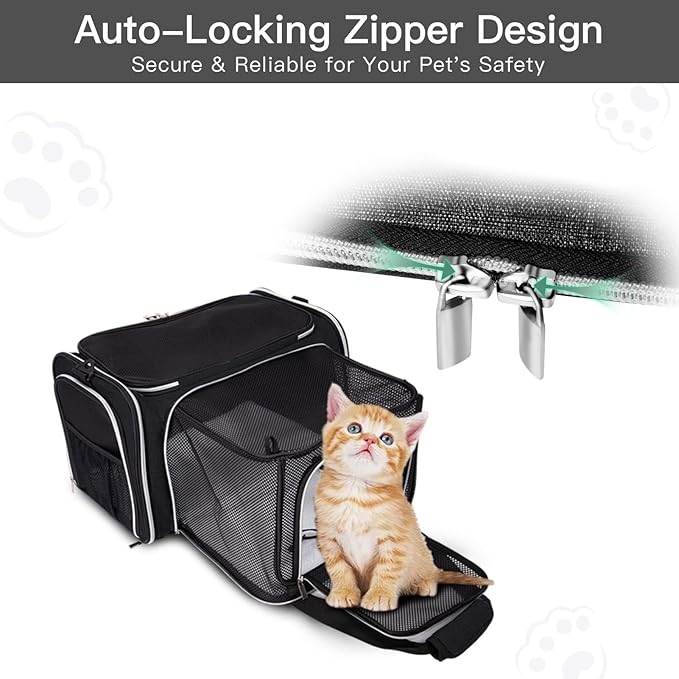 BAGLHER Expandable Cat Carrier with Travel Litter Box, Pet Travel 5 Sides Open Doors 3 Sides, Leak-Proof and Collapsible, for Car, Airplane Trip, Black