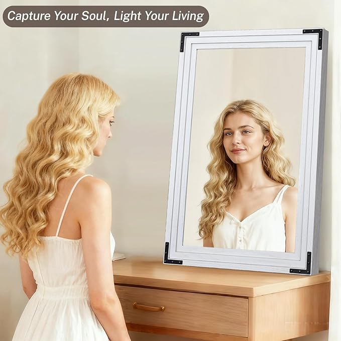 Full Length Mirror 36"x24" Solid Wood Frame Floor Standing Mirror, Hanging or Leaning Wall-Mounted for Living Room, Bedroom, Rustic White