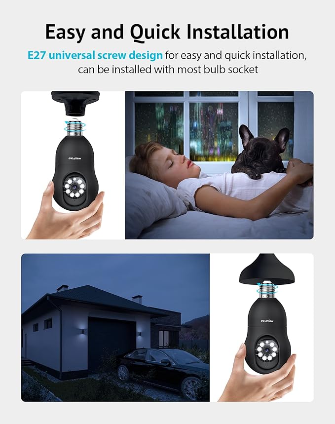 LaView 4MP Bulb Security Camera 2.4GHz, 360° 2K Security Cameras Wireless Outdoor Indoor Full Color Day and Night, Motion Detection, Audible Alarm, Easy Installation, Compatible with Alexa(Black)