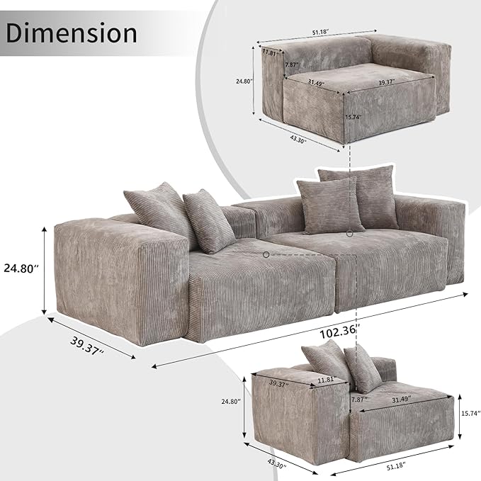 Sectional Couches for Living Room,102inch Cloud Couch Modular Sectional Sofa,Modern Corduroy Couch Love Seat,Cushion Covers Removable& Washable (Brown)