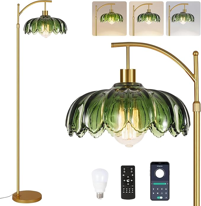 Arc Floor Lamps for Living Room Gold Floor Lamp with Remote Control,Dimmable Floor Lamp with Glass Lampshade,Vintage Mid Century Modern Standing Lamp Tall Flower Lamps for Bedroom Corner
