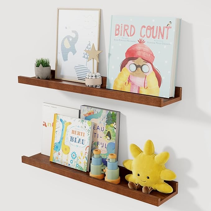 Solid Ash Wood Picture Ledge Shelf, 24 Inch Floating Shelves with Lip Set of 2, Photo Ledge Shelf Nursery Bookshelf Wall Mounted for Living Room Bedroom Decor, Walnut