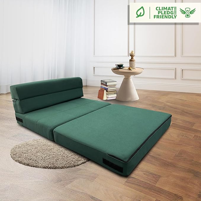 ANONER Memory Foam Fold Out Sofa Bed Couch with Pillow Twin Size Futon Sleeper Chair for Living Room Apartment, Dark Green