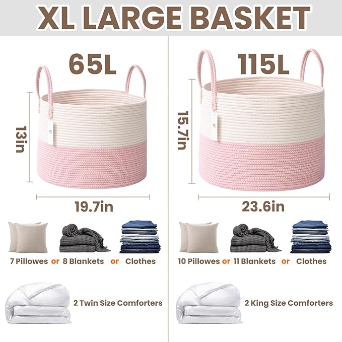 Woven Blanket Basket,65L Large Rope Storage Bin with Handles, Organizer for Blankets Toys Book and Clothes, Laundry Basket for Living Room Bedroom Nursery,White&Pink