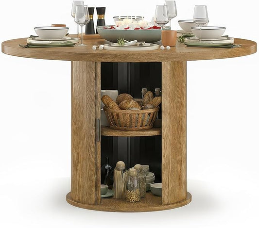 Farini 43" Round Dining Table for 4-6 with Storage Space,Modern Kitchen Room Table with Wood Top & Sturdy Metal Base,Walnut