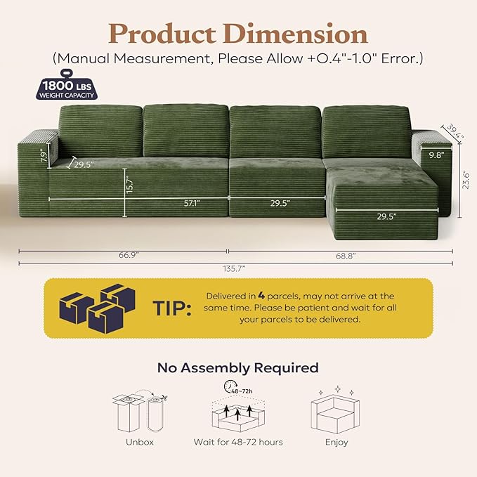 136" Modular Sectional Sofa with L-Shape Chaise, Right/Left Facing Deep Seat Cloud Couch, No Assembly Required, Upholstered Couch for Living Room Bedroom (Green, Plush Corduroy Fabric)