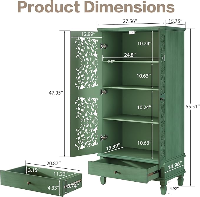 Rustic 55'' Tall Storage Cabinet with 2 Hollow-Carved Doors a Drawer, Wood Accent Cabinet with Solid Wood Legs for Living Room, Hallway, Dining Room (Antique Green-T)