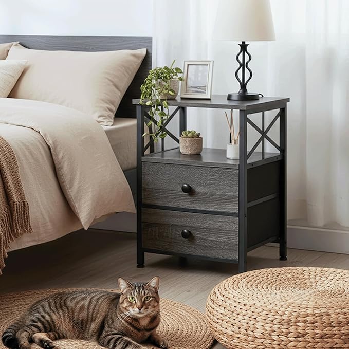 AMHANCIBLE Night Stand Set 2, Nightstand with Charging Station, End Tables Living Room with USB Ports and Outlets, Bedside Tables with Fabric Drawers for Bedroom, Dark Grey HET05XDG