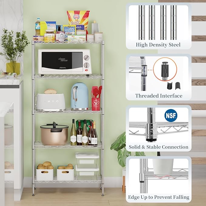 BestOffice 5-Shelf Storage Shelves, Adjustable Shelving Unit Wire Shelving Metal Shelves,11.6" D x 21.5" W x 47.6" H,Chrome