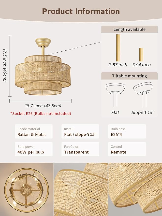 Boho Fandelier Ceiling Fan with Light Rattan Chandelier Fan Remote Gold Caged Ceiling Fan with Light for Bedroom, Living Room Nursery Foyer Kitchen（6 Speed, Timing Adjustable Height）