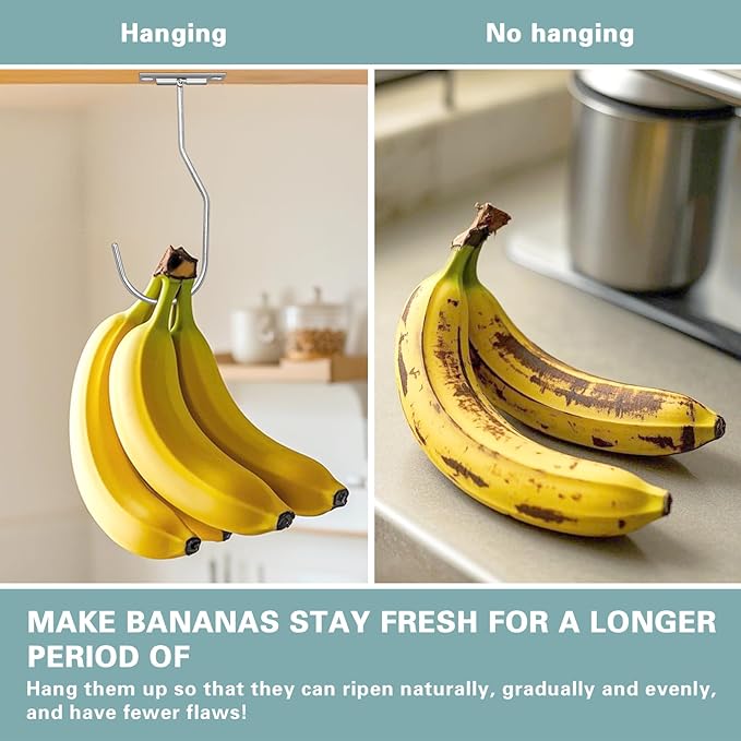 Banana Hanger Hook – Space Saving Banana Holder Hanger to Keep Bananas Fresh, Self Adhesive and Screw Banana Hook 3Pack Silver