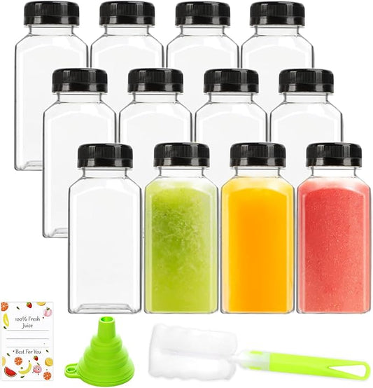 12pcs 8oz Plastic Juice Bottles, Reusable Juice Containers with Black Tamper Proof Lids, Brush, Funnel and Labels, Clear Water Bottles for Juicing, Smoothie and Homemade Beverages