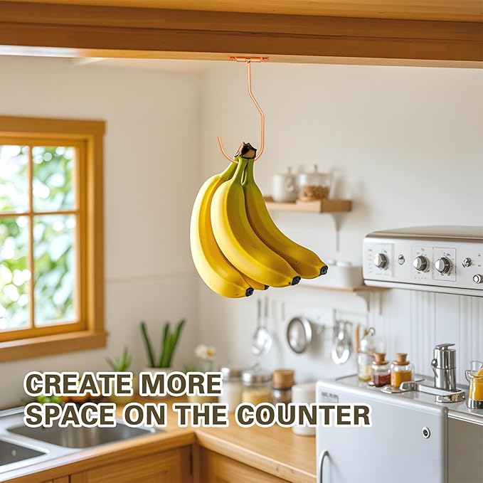 Banana Hanger Hook – Space Saving Banana Holder Hanger to Keep Bananas Fresh, Self Adhesive and Screw Banana Hook 4Pack Rose Gold