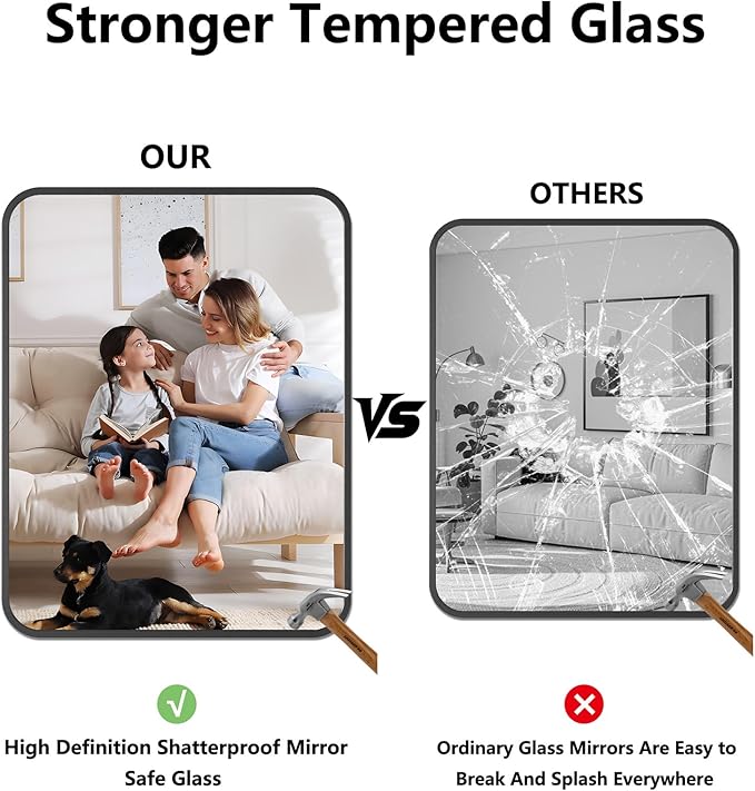 Koonmi Bathroom Mirror, 28X32 Inch Black Metal Framed Mirror for Bathroom, Tempered Glass, Anti-Rust, Rounded Rectangle Mirror for Restroom, Bedroom, Black