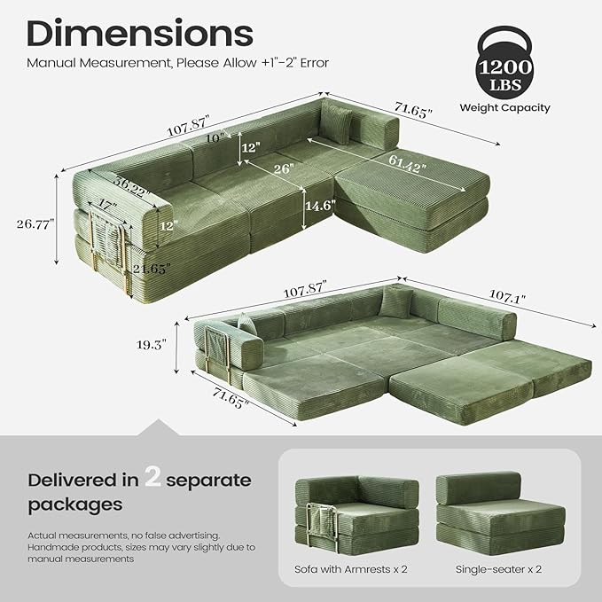 Folding Sofa Bed Convertable Corduroy Couch King Size Floor Sleeper 4-in-1 DIY Combination Modular Sofa Fold Out Futon Lounge Comfy Foldable Lazy cama for Living Room (Green)