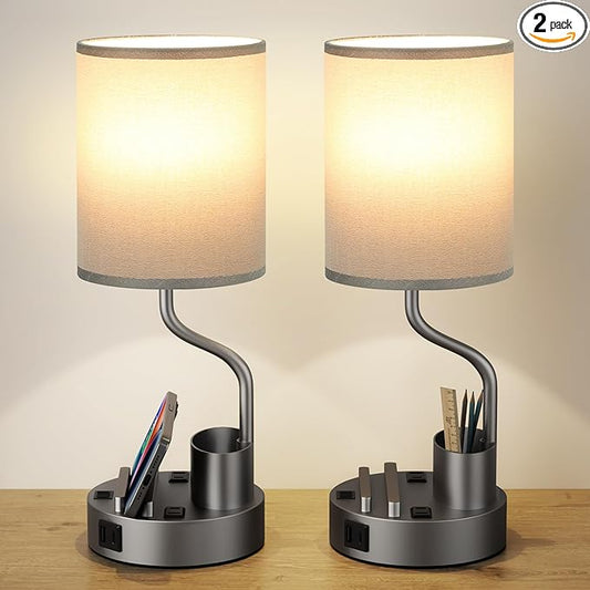 Grey Bedside Table Lamps for Bedroom Set of 2 - Nightstand Light with AC Outlet and USB A & C for Charging, 3 Color Temperatures Desk Lamp with Pen Holder & Phone Stand for Living Room/Dorm/Office