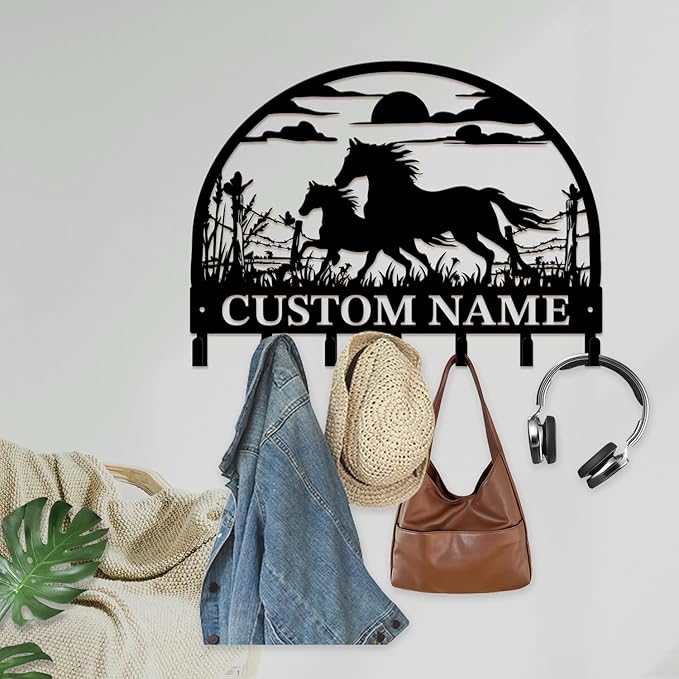 Custom Horse Key Hook - Personalized Forged Iron Wall Keys Holder with Equestrian Design, Black Metal Home Decor for Horse Theme Lovers (Style B)