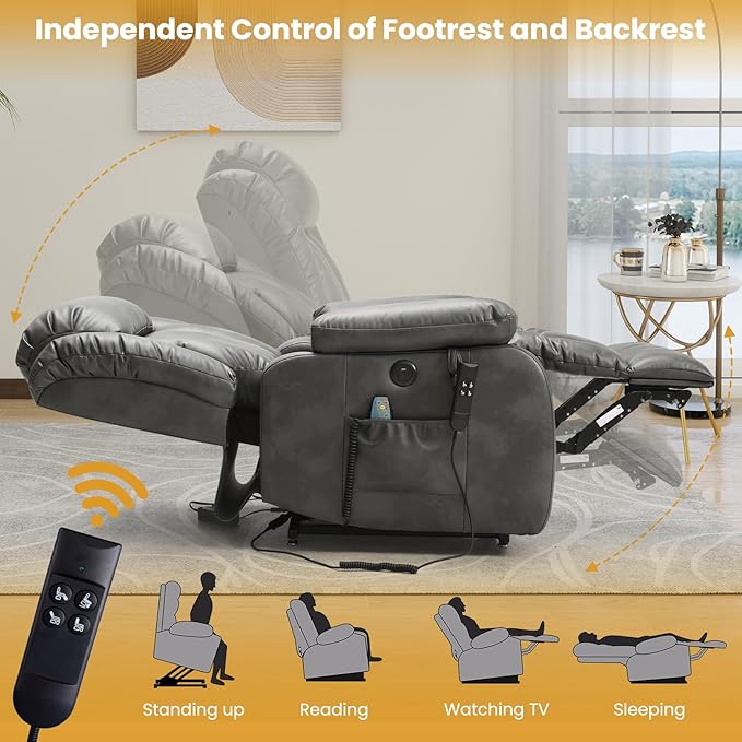 PARKOL Dual Motor Power Lift Recliner Chair for Elderly, 180-Degree Infinite Position Lay Flat Leather Recliner Chairs, with Massage and Heating, USB & Type-C Port and Remote (Sliver Gray, Medium)
