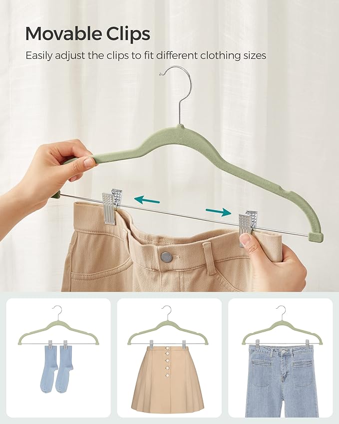 SONGMICS 30-Pack Pants Hangers, 16.7-Inch Long Velvet Hangers with Adjustable Clips, Heavy-Duty, Non-Slip Skirt Hangers, Space-Saving for Pants, Skirts, Coats, Dresses, Pale Green UCRF012GR30