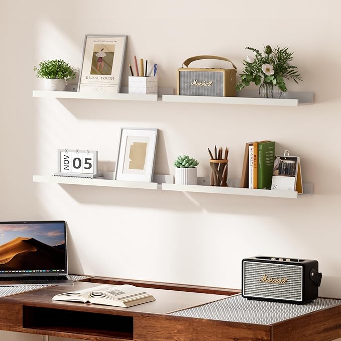 upsimples Floating Shelves for Wall, 23.6 Inch Shelves for Decor Storage Set of 6, Wall Mounted Wood Shelf for Bedroom, Living Room, Bathroom, Kitchen, Long Picture Ledge Shelves, White