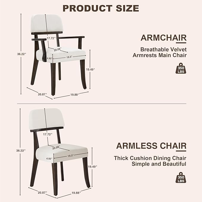 Modern Wood Dining Chairs Set of 5, Velvet Upholstered Kitchen Chairs with Open Curved Backrest & Black Hardwood Legs for Vanity, Living Room, 350 LBS Capacity, White