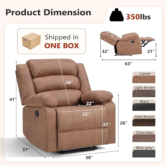 ANJ Recliner Chair, Overstuffed Manual Living Room Chair with Breathable Faux Leather, Comfortable Reclining Chair for Relaxation