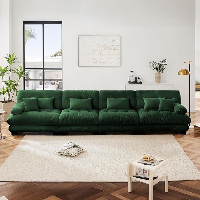 173.2" Oversized Couch, 4 Seater Modular Sectional Sofa, Green Large Sectional Couches for Living Room, Fluffy Chenille Fabric Cloud Couch with 5 Pillows, Deep Seat Sofas