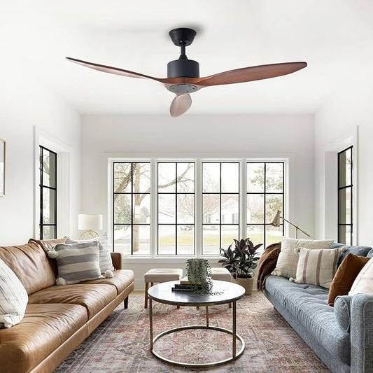 52 inch 3 blade Wood ceiling fan without light, Noiseless Reversible DC Motor Walnut Ceiling Fan Without Light for Farmhouse Patio Living Room Bedroom, Indoor Outdoor Ceiling Fan with Remote