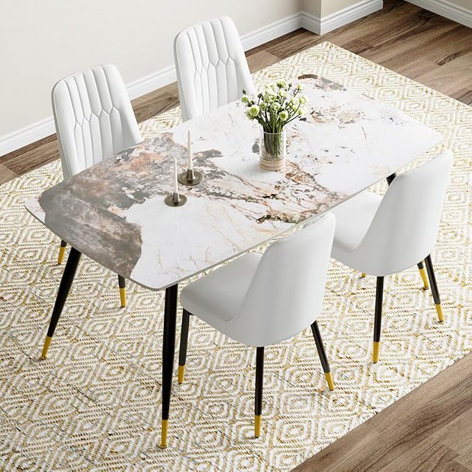 Modern Dining Table Set for 4, 62'' Sintered Stone Dining Table with 4 Chairs, Easy to Assemble