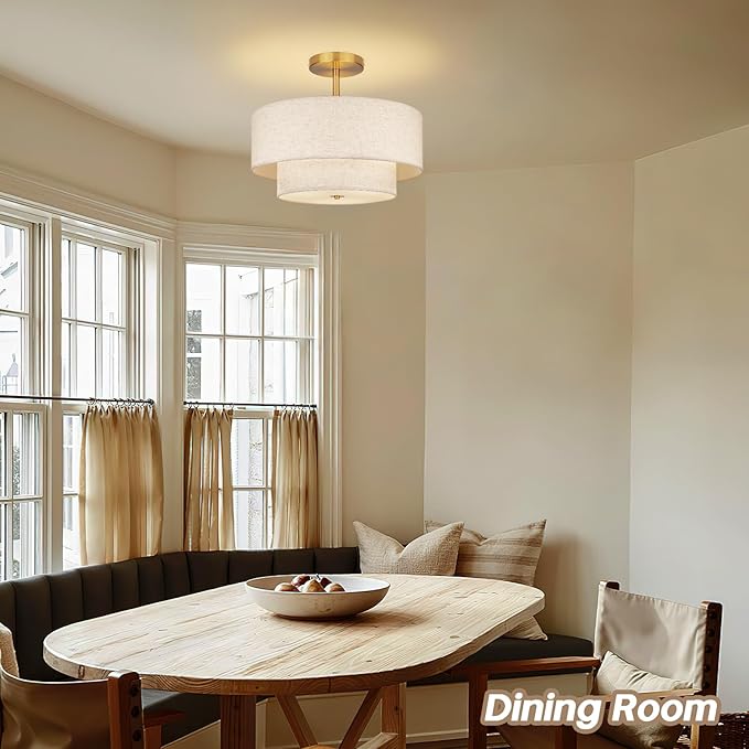 18 Inch Large Semi Flush Mount Ceiling Light Fixture with Dual Drum Design, Gold Farmhouse Fabric Linen Shade for Bedroom, Living Room, Kitchen, and Dining - Modern Chandelier Lamp