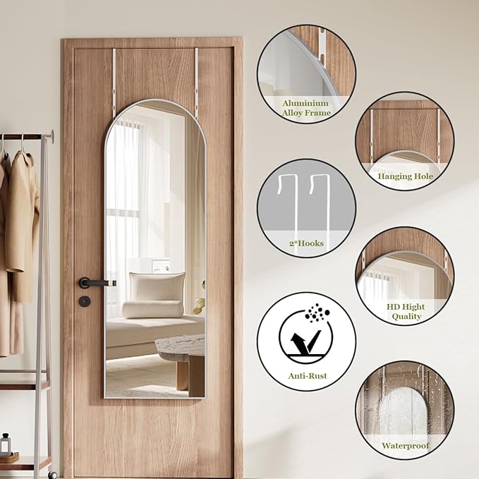 BEAUTYPEAK 14" x 48" Adjustable Height Over The Door Mirror, Arch Full Length Hanging Door Mirror with Shatterproof Tempered Glass Aluminum Alloy Frame for Bedroom, Living Room, Bathroom, Dorm, Silver