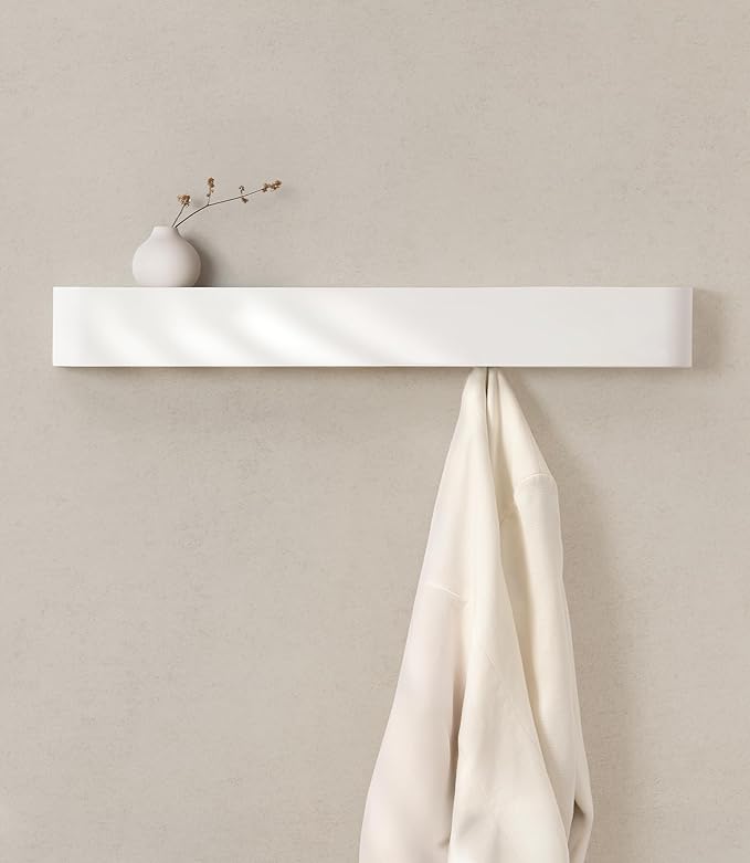 Kazai. Wall-Mounted Coat Rack 'Toke' - Modern Design Coat Rack with Hidden Wall Hooks - Solid Wood Veneer Panel Coat Hanger - White