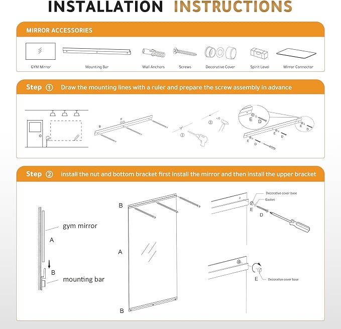 ROOMTEC Home Gym Mirror 72"x48"-2 PCS Frameless Wall Mounted Fitness Mirror, Large Tempered Glass Full Length for Yoga, Dance Studio, Workout Room