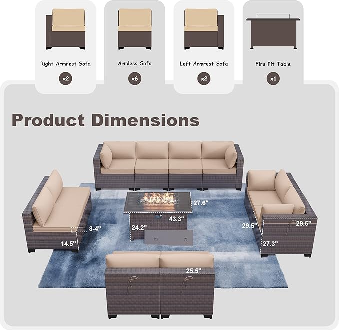 Kurapika 11 Pieces Patio Furniture Set, Rattan Wicker Outdoor Conversation Sets w/43in Propane Fire Pit Table and 4 Inch Cushion(Sand)