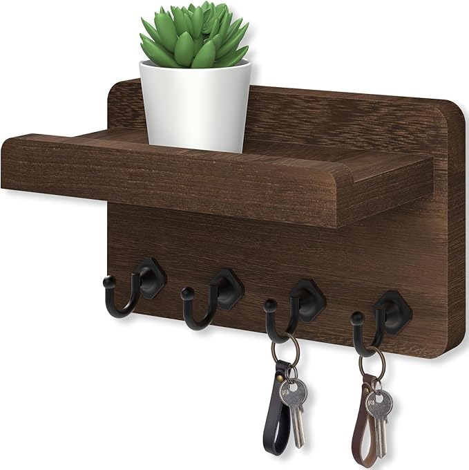 Nekon Key Holder Wall Mount, 8.5 Inch Small Home Decor Wooden Wall Organizer with 4 Hooks and Shelf, Key and Mail Holder for Living Room Entryway Kitchen (Brown)