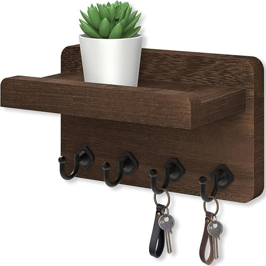 Nekon Key Holder Wall Mount, 8.5 Inch Small Home Decor Wooden Wall Organizer with 4 Hooks and Shelf, Key and Mail Holder for Living Room Entryway Kitchen (Brown)