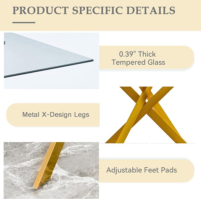 51'' Gold Glass Dining Table Set for 6,7 Piece Kitchen Table and Chairs Set with Metal Legs and 6 PU Leather Dining Chairs for Kitchen Room Small Spaces