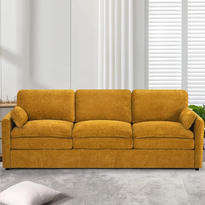 89" Chenille Modern Couch with Cozy & Soft Backrests, 3 Seats Sofa with 2 Extra Pillows, Comfy Upholstered Sofa with Thicker Cushions for Living Room, Office,Yellow