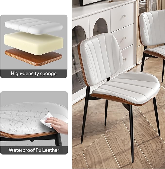 Dining Chair, Mid Century Modern Dining Room Chairs, Upholstered Faux Leather Kitchen Chairs with Walnut Bentwood Back and Metal Legs for Kitchen Dining Room Living Room, White