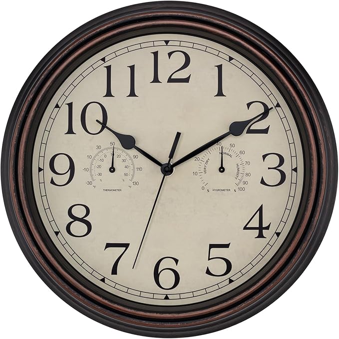 Foxtop Indoor Outdoor Waterproof Wall Clock with Thermometer and Hygrometer Combo, 14 Inch Retro Silent Non-Ticking Battery Operated Quartz Round Outdoor Clocks for Patio Home Office (Bronze)