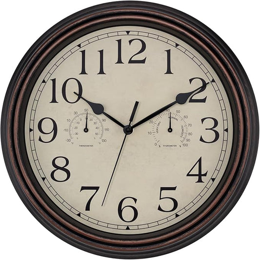 Foxtop Indoor Outdoor Waterproof Wall Clock with Thermometer and Hygrometer Combo, 14 Inch Retro Silent Non-Ticking Battery Operated Quartz Round Outdoor Clocks for Patio Home Office (Bronze)