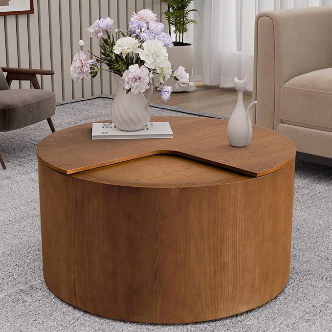 Mid - Century Modern Round Drum Coffee Table with 360° Rotating Desktop & Storage, 27.16" Walnut Small Center Table for Living Room & Home Small Spaces (Brown 27.16)