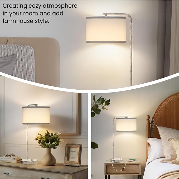 Seaside village Bedside Table Lamp with USB C+A Charging Ports, Fully Stepless Dimmable Modern Farmhouse Nightstand Lamp, Tall Reading Desk Lamp for Bedroom, Living Room, Office, 9W LED Bulb Included